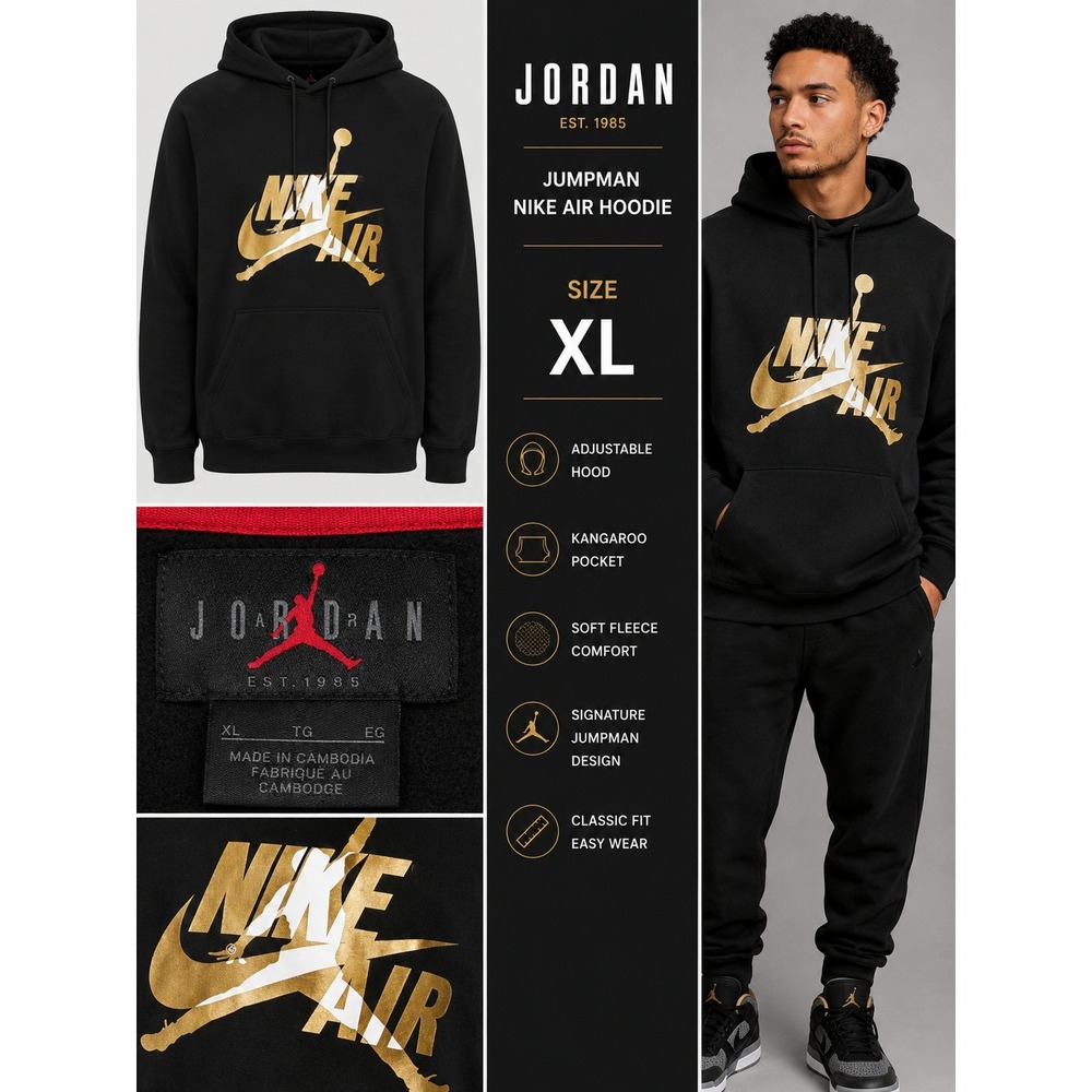 Jordan Jumpman Nike Air Hoodie Mens XL Black Gold Metallic Pullover Fleece VTG